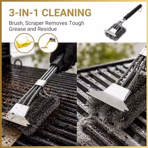 SHATCHI Heavy Duty BBQ Cleaning Brush with Scraper, Stainless Steel Wire Bristles and Long Handle for Gas or Charcoal Grills, Black and Silver – 4