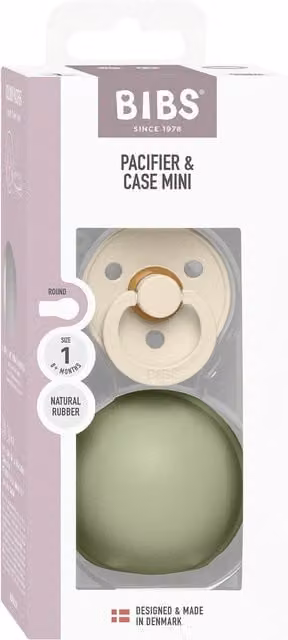 BIBS Round Latex Pacifier Size 2 in Ivory with Mini Sage Pacifier Case