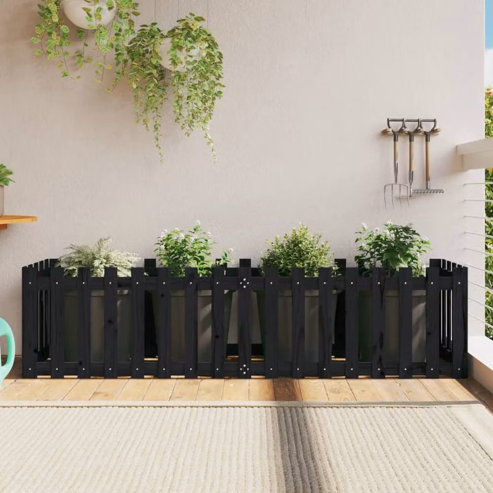 Berkfield Home Wooden Raised Bed with Fence Design in Black, W/D/H: 200 x 50 x 50 cm – 2