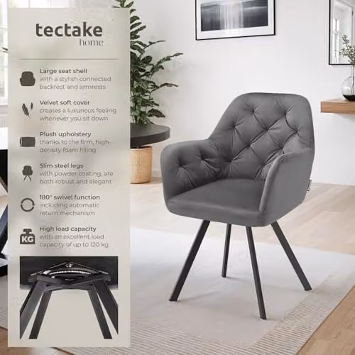 tectake Set of 4 Anthracite Velvet Swivel Dining Chairs with Armrests and Geometric Pattern – 4
