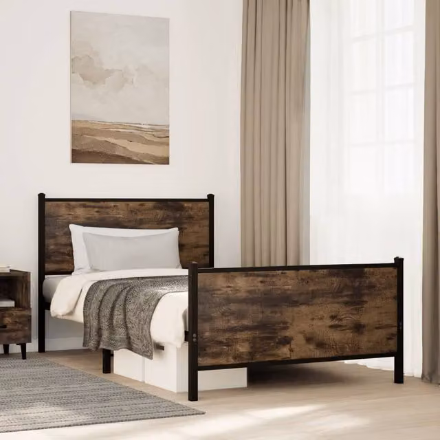 Berkfield Home Metal Bed Frame in Smoked Oak Brown, W/D/H: 100 x 200 cm – 1
