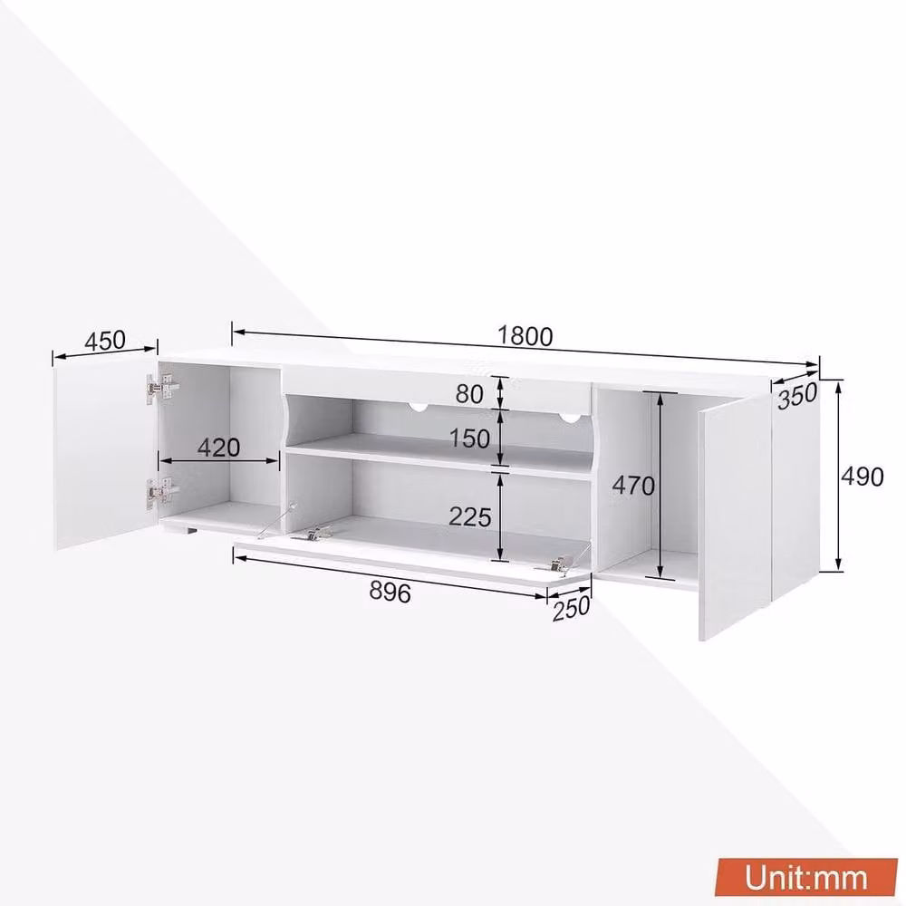FLAVORA Modern High Gloss White MDF TV Unit with Integrated Lighting, W: 180 cm, D: 49 cm, H: 35 cm – 1