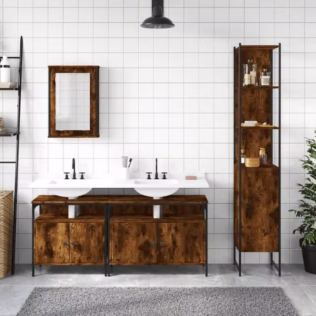 Berkfield Home 4 Piece Industrial Bathroom Furniture Set in Brown Smoked Oak