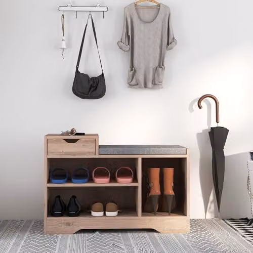 HOMCOM Upholstered Shoe Storage Bench with Drawer in Distressed Grey – 2