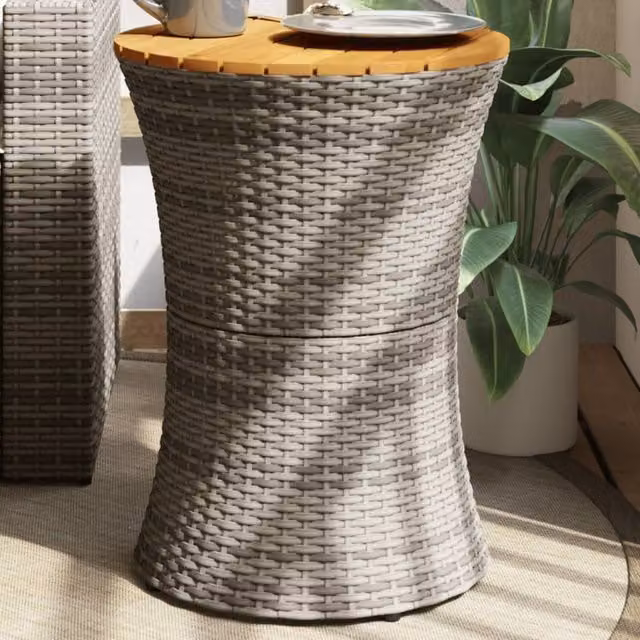 Berkfield Home Garden Drum Shape Side Table in Grey Poly Rattan and Acacia Wood – 1