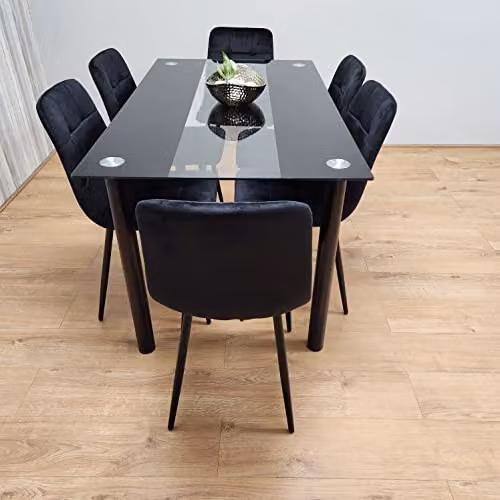 Kosy Koala Black and Transparent Glass Dining Set with 6 Black Tufted Velvet Chairs, W: 140 cm, D: 80 cm, H: 75 cm – 4
