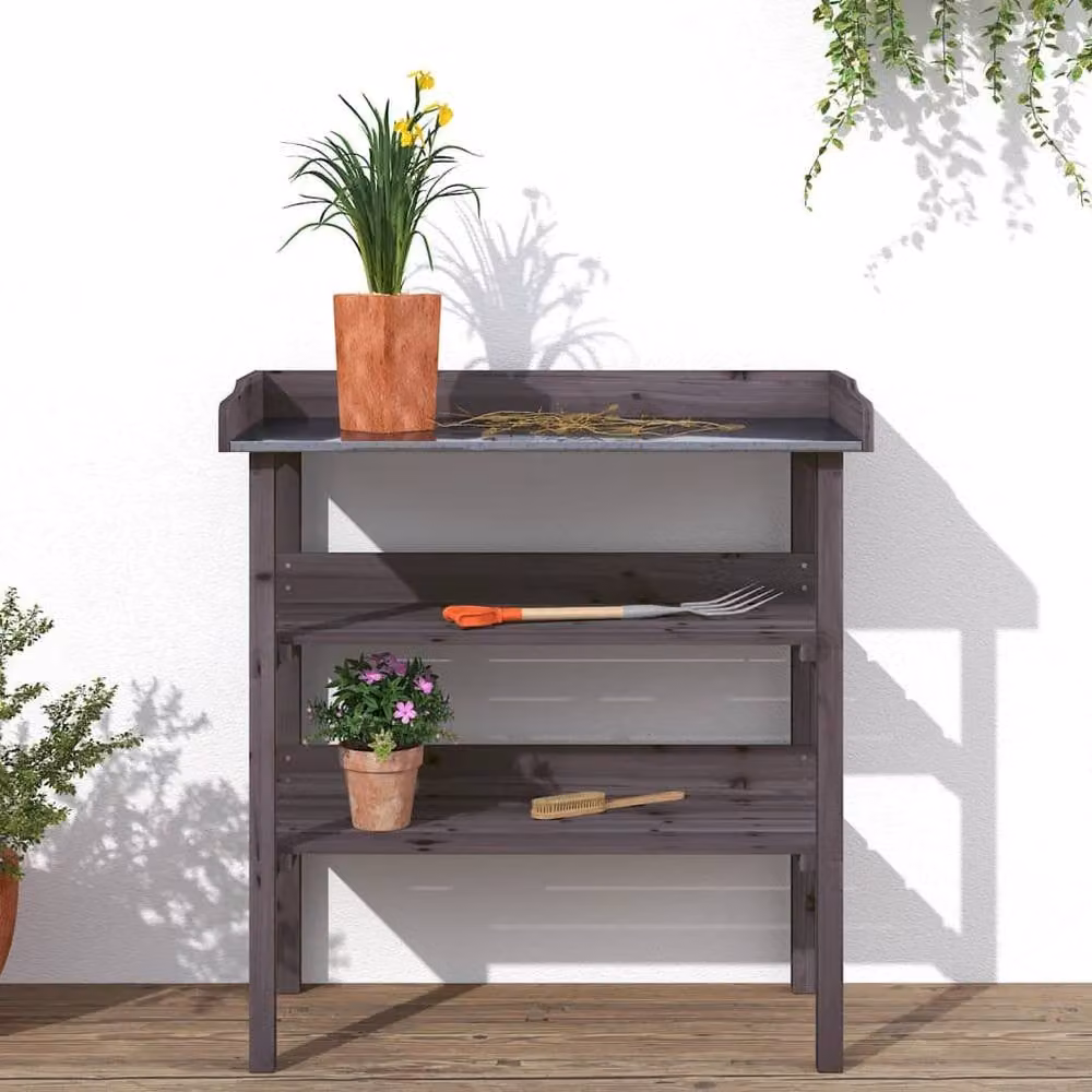 Berkfield Home Grey Plant Table with Shelves, Solid Wood and Metal, W/D/H: 78 x 38 x 82.5 cm – 3