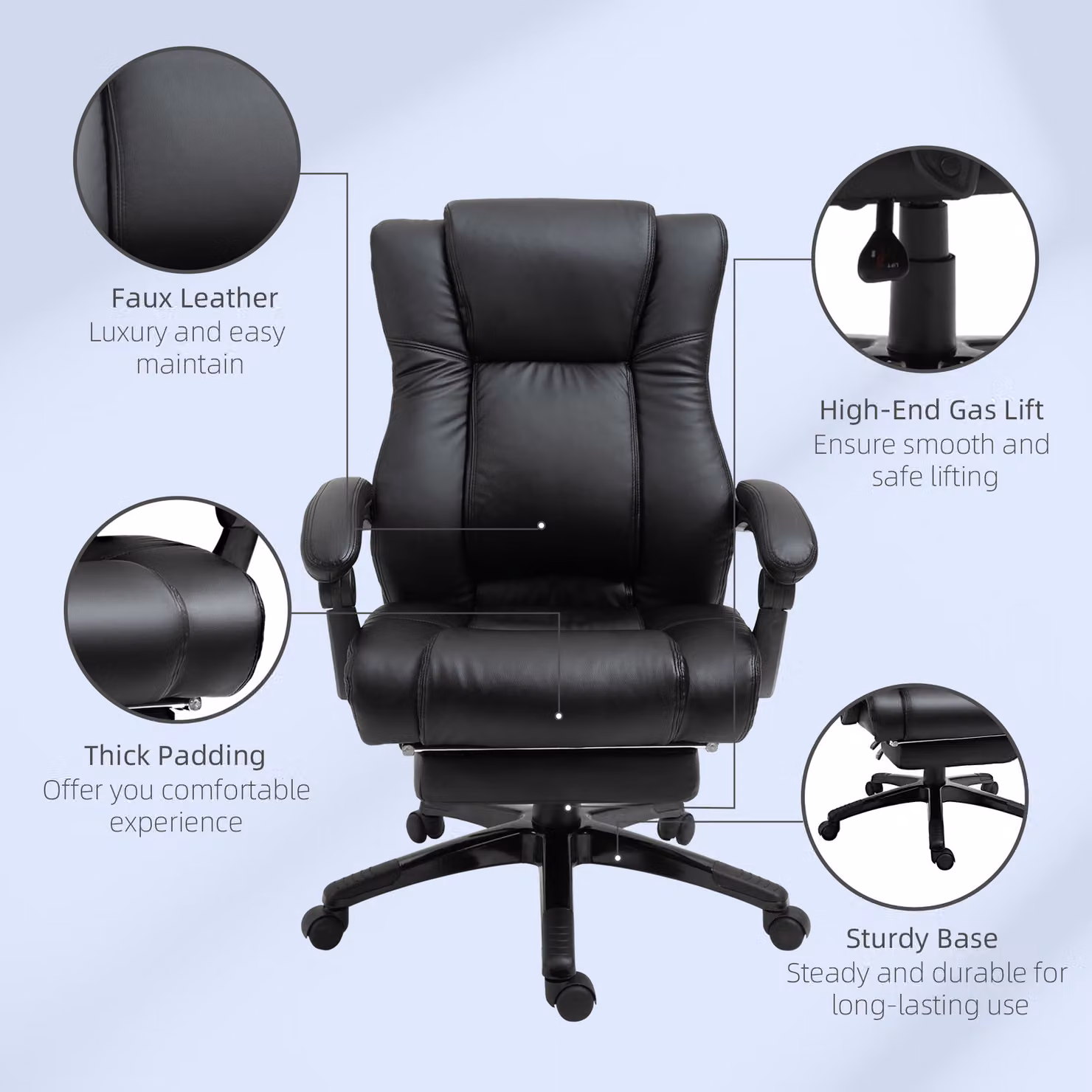 Vinsetto Executive Home Office Swivel Chair with Footrest and Headrest in Black PU Leather – 5