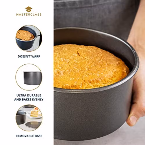 MasterClass Non-Stick Loose Base Round Carbon Steel Deep Cake Tin, Grey, Diameter: 18 cm – 4