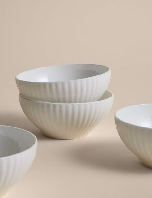 M&S Set of 4 Hampton Fluted Bone China Cereal Bowls in White
