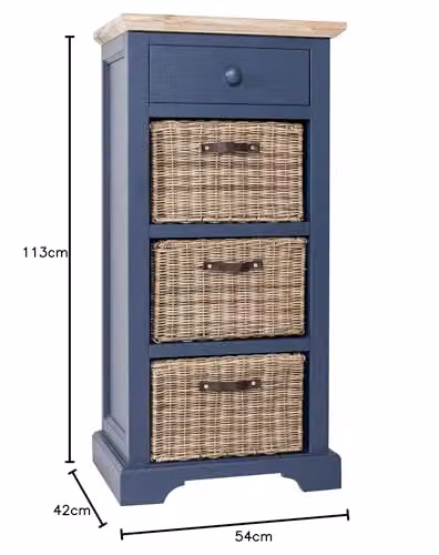 Statement Furniture Florence Tallboy Storage Unit with Drawer and 3 Baskets in Navy Blue with Limed Acacia Wood Top, W: 54 cm, D: 42 cm, H: 113 cm – 2