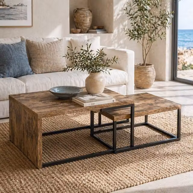 Wyld Haus Lirare Set of 2 Industrial Nesting Side Tables with Brown Metal Frames and Composite Tops – 1
