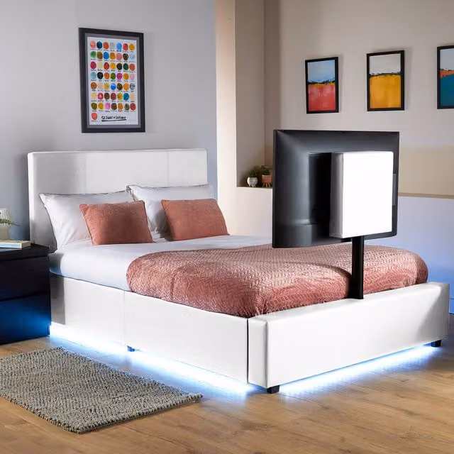 XR Living Ava Upholstered TV Bed with LED Lighting, White, W/D/H: 120 x 200 cm
