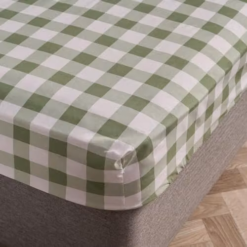OHS Gingham Double Fitted Bed Sheet in Sage Green, Soft Microfibre Easy Care Fabric, W/D/H: 135 x 190 x 25 cm
