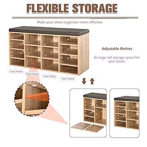 HOMCOM Modern Shoe Rack with Adjustable Shelves and Synthetic Leather Cushion in Sand and Brown, W/D/H: 103.5 x 30 x 48 cm – 5