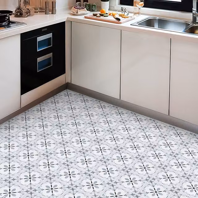 Livingandhome Self-Adhesive Vintage Floral PVC Flooring Tiles, Grey, W: 20 cm, L: 20 cm