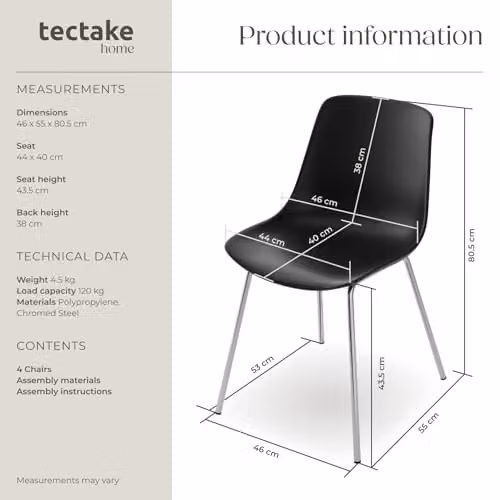 tectake Set of 4 Classic Dining Chairs with Ergonomic Plastic Seats and Chrome-Plated Steel Legs in Black – 2