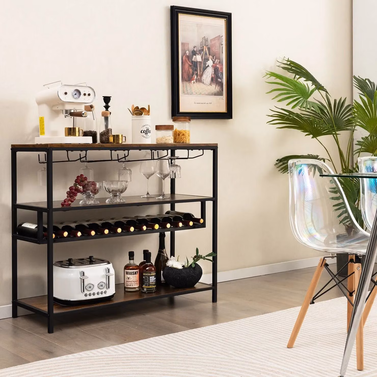 Costway Industrial Bar Cabinet in Brown with Wine Rack and 4 Rows of Glass Holders – 3