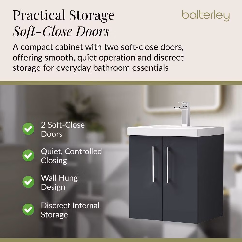 Balterley Modern Wall Hung Bathroom Vanity Unit with 2 Soft Close Doors and Rectangular Mid-Edge Basin, Dark Grey – 3