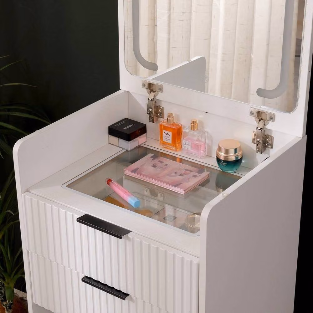 PAWNORA Modern White Makeup Vanity Dressing Table and Stool Set with Hollywood LED Mirror and Lift Mechanism – 3