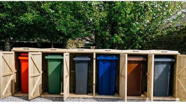 Buttercup Farm Chatburn Sextet Wheelie Bin Store in Brown, fits 3x 180L or 240L and 3x 140L bins, W: 156.0 cm, D: 80.4 cm, H: 120.0 cm – 1
