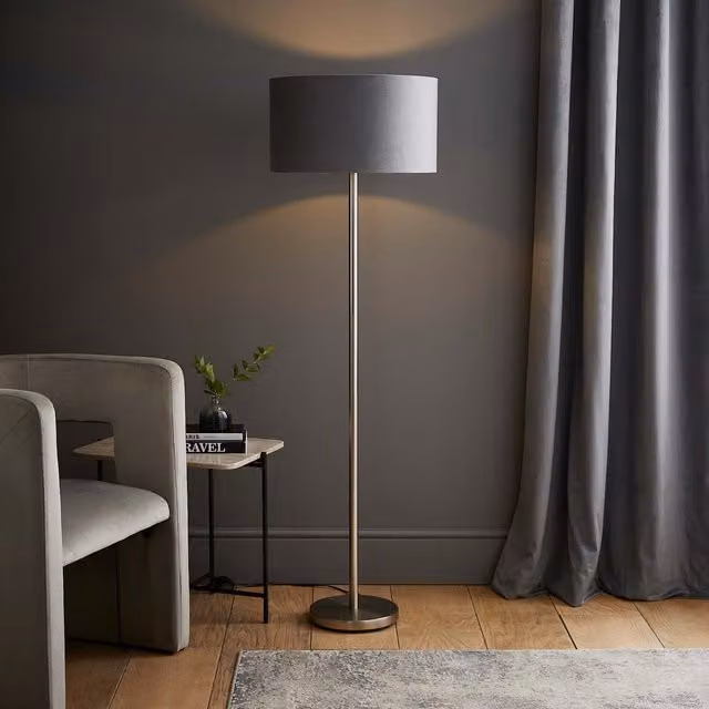 ValueLights Charlie Chrome Floor Lamp with Grey Fabric Cylinder Shade