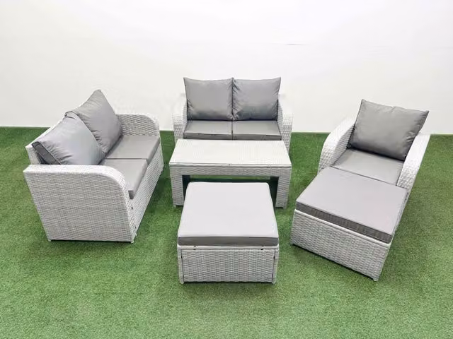 Fimous Poly Rattan Garden Furniture Set in Light Grey with Reclining Chair, Loveseat Sofa, Oblong Coffee Table and Two Ottomans