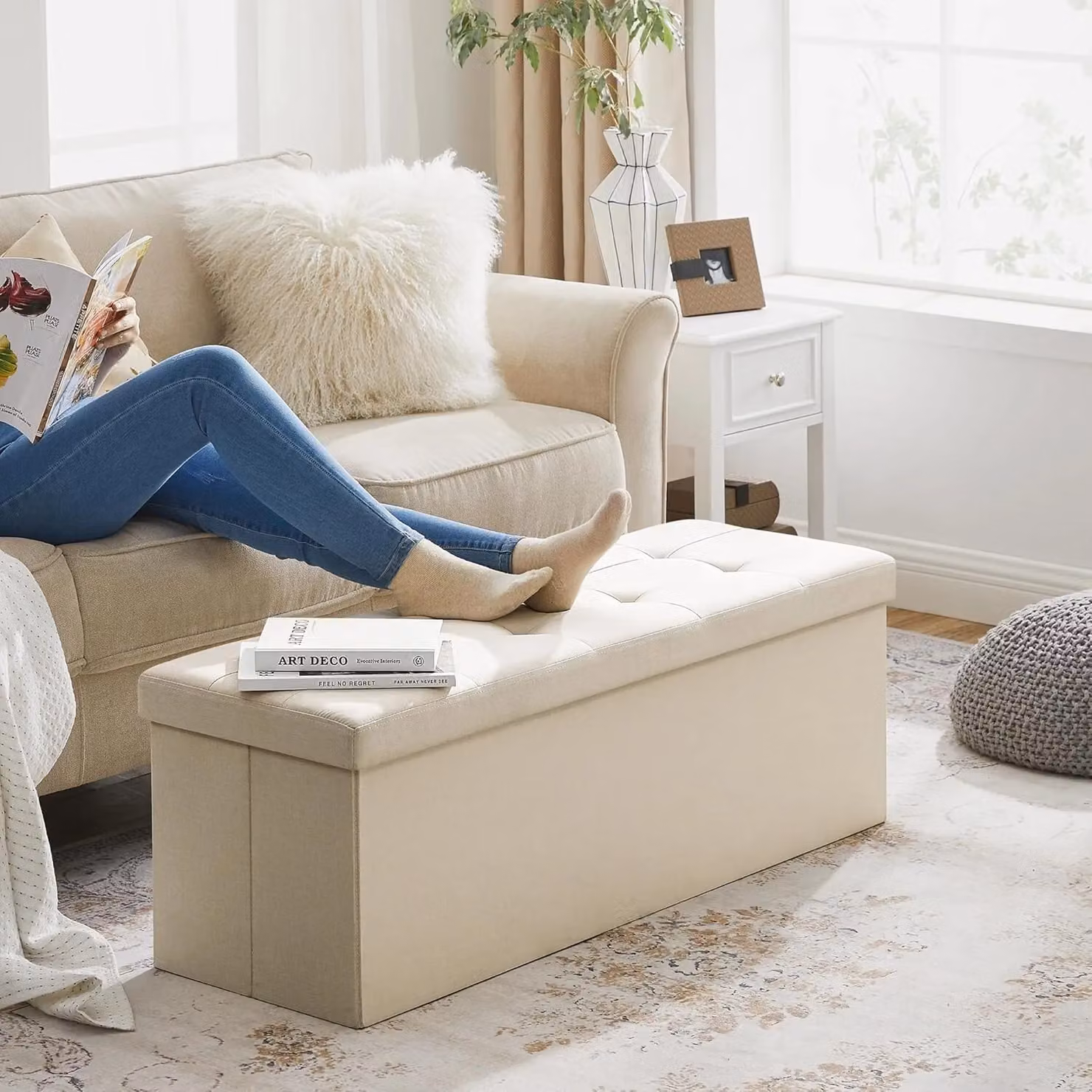 SONGMICS Large Storage Ottoman Bench and Folding Foot Rest in Beige – 3