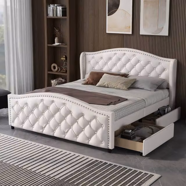 HomeTouch Ella Double Bed Frame with Upholstered Headboard in White Faux Leather
