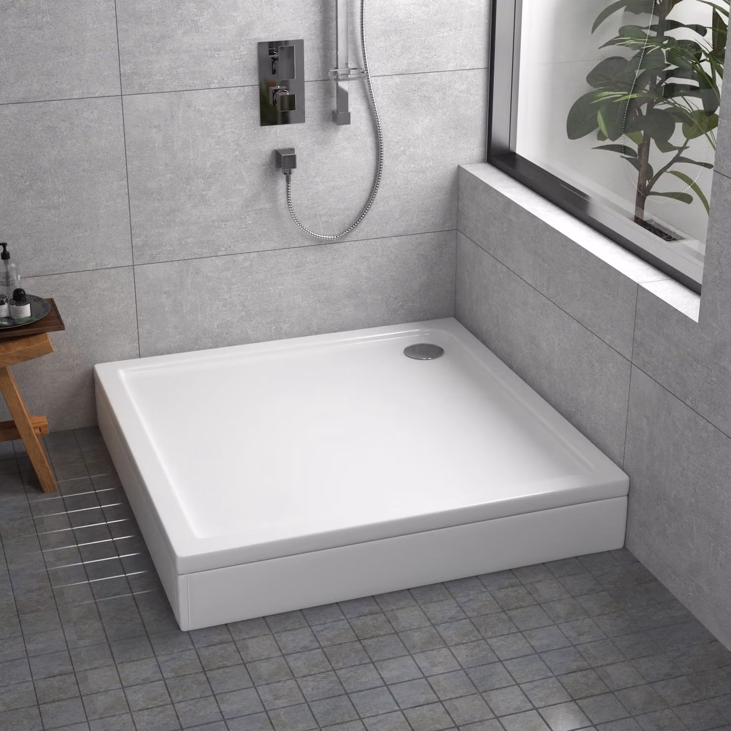 Apex White Square Mineral Cast Stone Shower Tray with Riser Kit, W/D/H: 70 x 70 x 3 cm