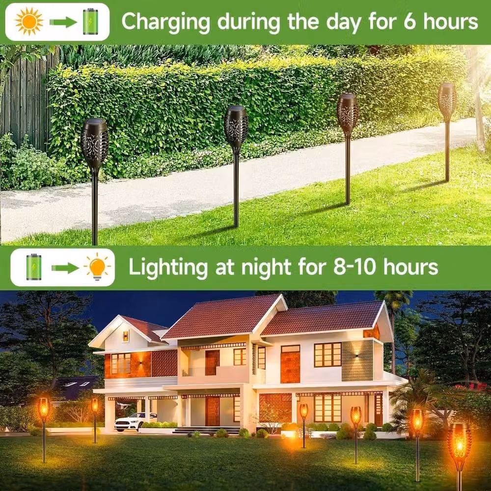 FLAVORA 12-Piece Solar LED Torch Lights with Flickering Flame Effect in Black – 3