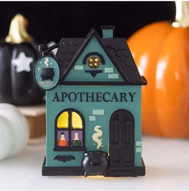 KDMD Apothecary Shop LED Light Up Halloween Decoration, Green Resin Potion Shop Tabletop Ornament