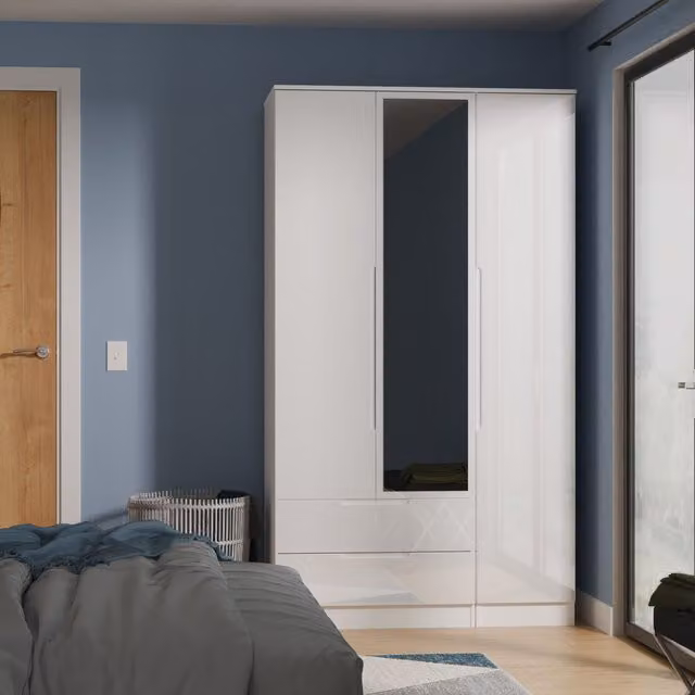 Lucca Ready Assembled Tall 2 Drawer Wardrobe with Triple Mirror in White
