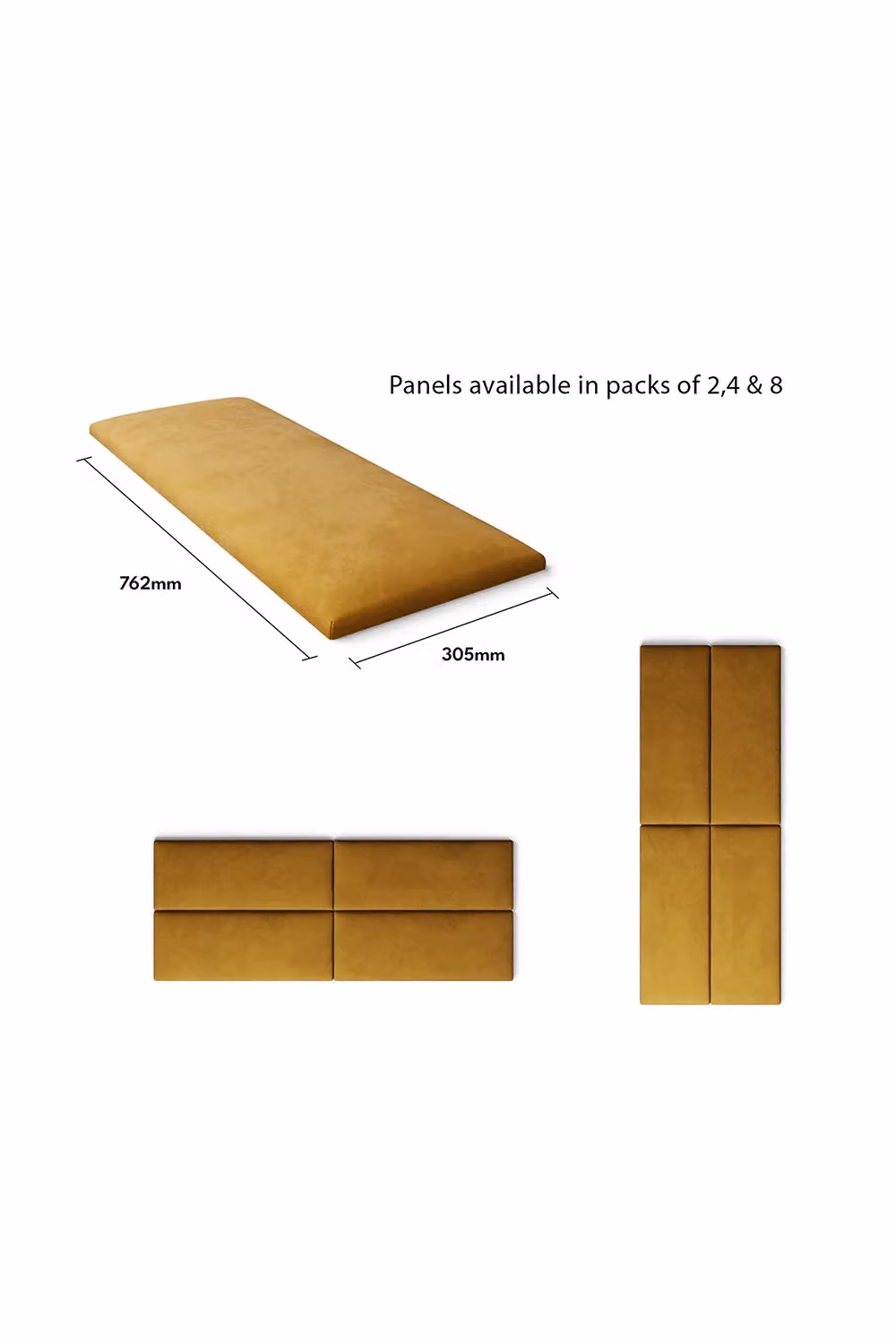Aspire EasyMount Modular DIY Wall Mounted Upholstered Panels in Mustard Yellow Plush Velvet Fabric, Pack of 8