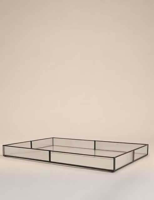 M&S Modern Rectangular Ribbed Glass and Metal Trinket Tray in Black