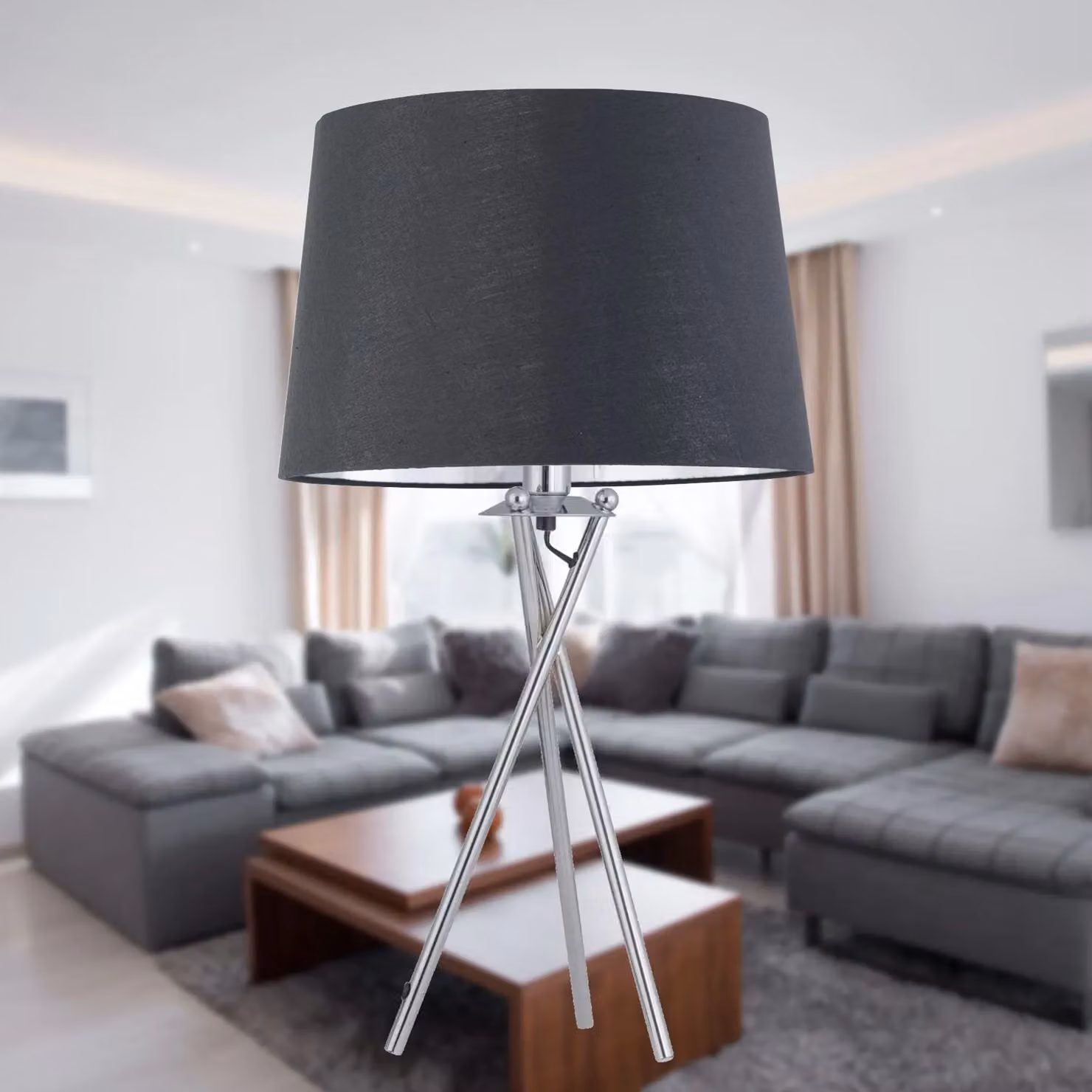 First Choice Lighting Tripod Chrome Lamp with Grey and Silver Fabric Shade – 4