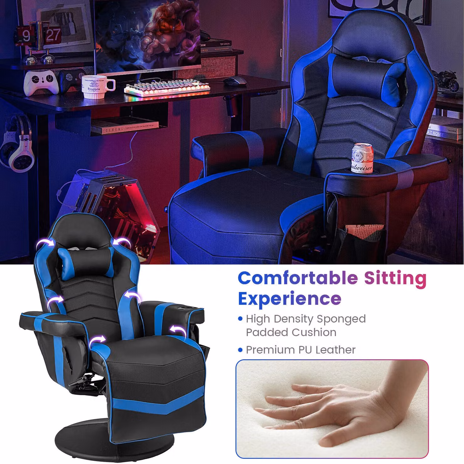 Gymax Blue PU Leather Massage Gaming Chair with Adjustable Height, Swivel Recliner and Headrest – 5