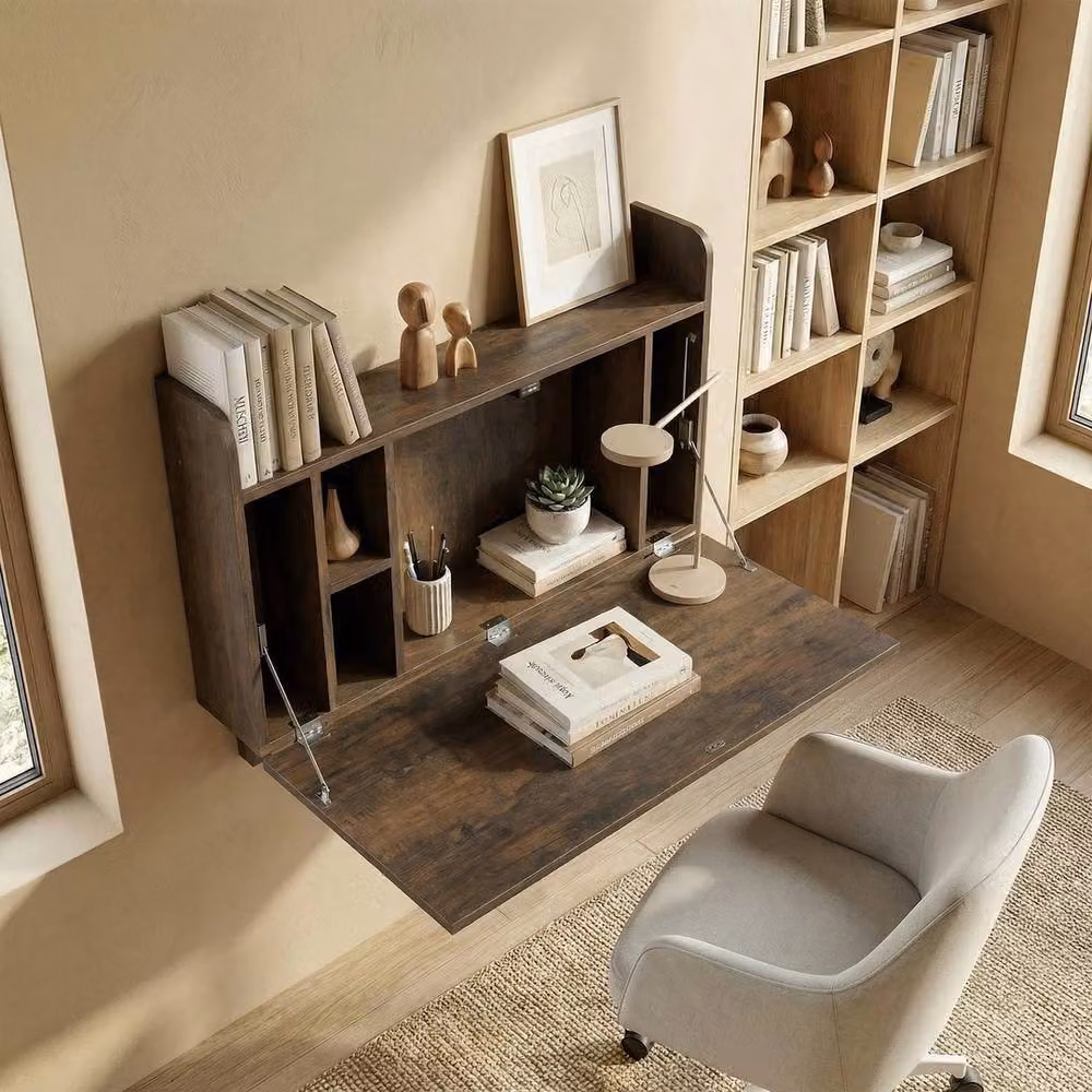 FORGEVIO Modern Brown Wall Mounted Secretary Desk with Folding Top and Storage Compartments – 5