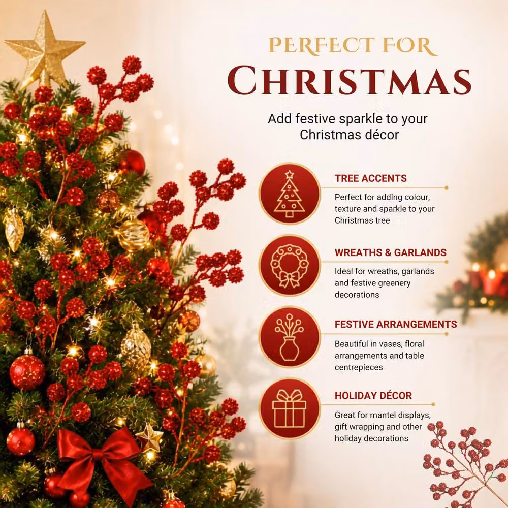 Shatchi Red Glitter Berry Picks for Christmas, 12 Pack, Height: 45 cm – 4
