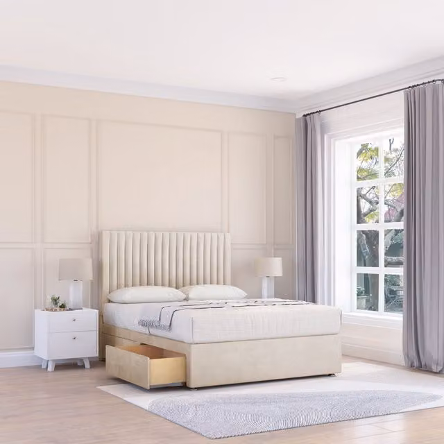 Sloomy Manhattan Upholstered Divan Bed Base with 4 Drawers and Floor Standing Headboard, Beige, W/D/H: 140 x 200 cm