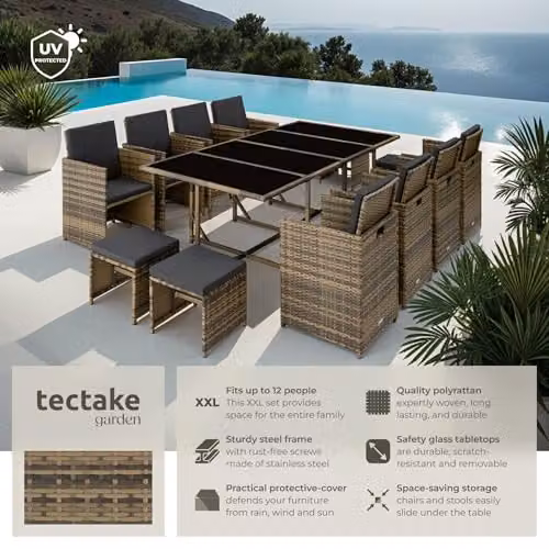 tectake Polyrattan Garden Furniture Set in Nature/Dark Grey, Including 8 Dining Chairs, 1 Table, 4 Stools and Protective Cover for Up to 12 People – 2