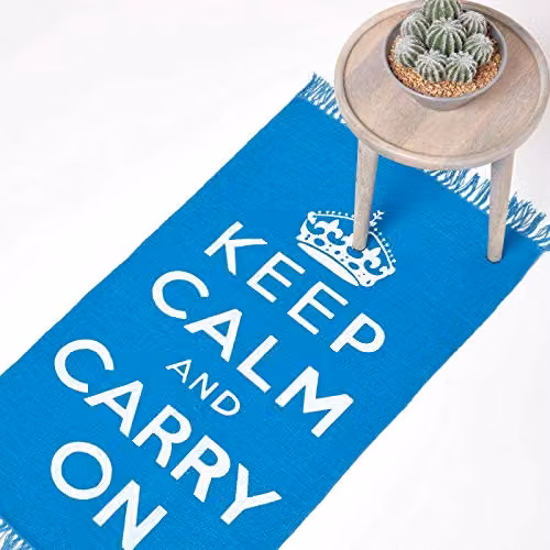 Homescapes Keep Calm and Carry On Handwoven 100% Cotton Area Rug, Blue and White, W: 60 cm, D: 100 cm – 5