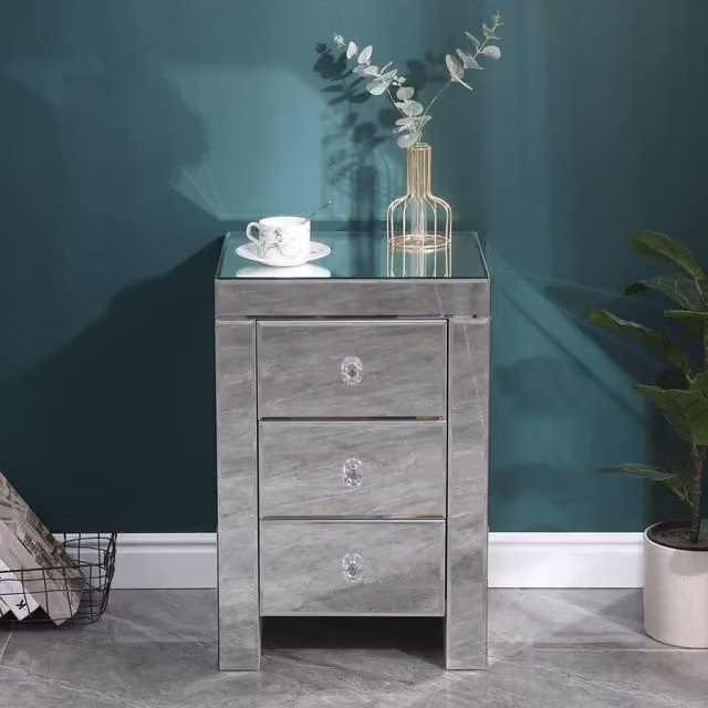 HMD Furniture Modern Mirrored Bedside Table with Drawers in Silver and Grey, Width: 60 cm