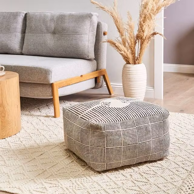 Wyld and Coco Grey Cotton Geometric Block-Print Rectangular Pouffe, W/D/H: 45 x 45 x 25 cm – 1
