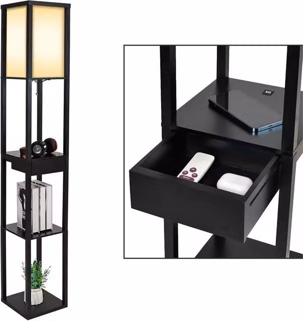 Kelvenix Black Wooden Floor Lamp with Standing Reading Shelf