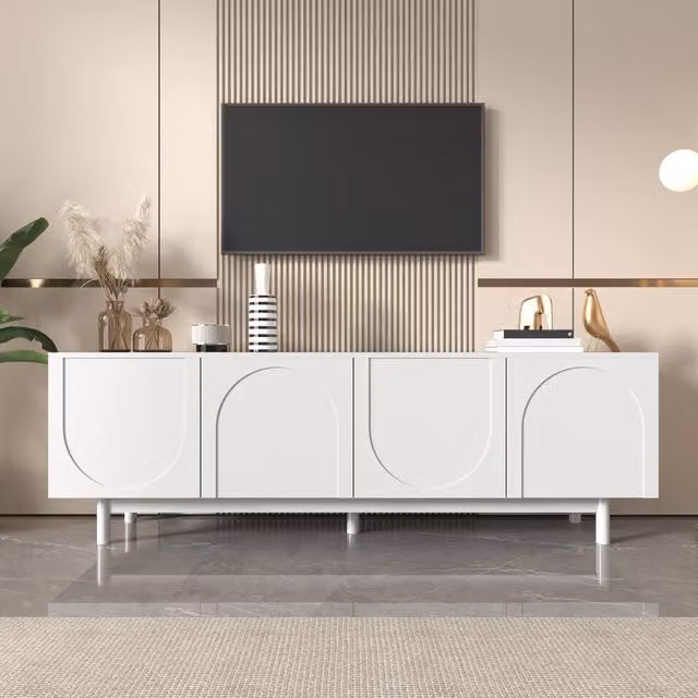 Merax Modern White TV Cabinet with Hinged Doors and Internal Shelves, W/D/H: 175 x 38 x 56 cm