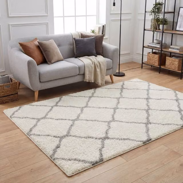 THE RUGS Moroccan Soft High Pile Shaggy Lattice Rug, Off-White, W: 80 cm, L: 150 cm