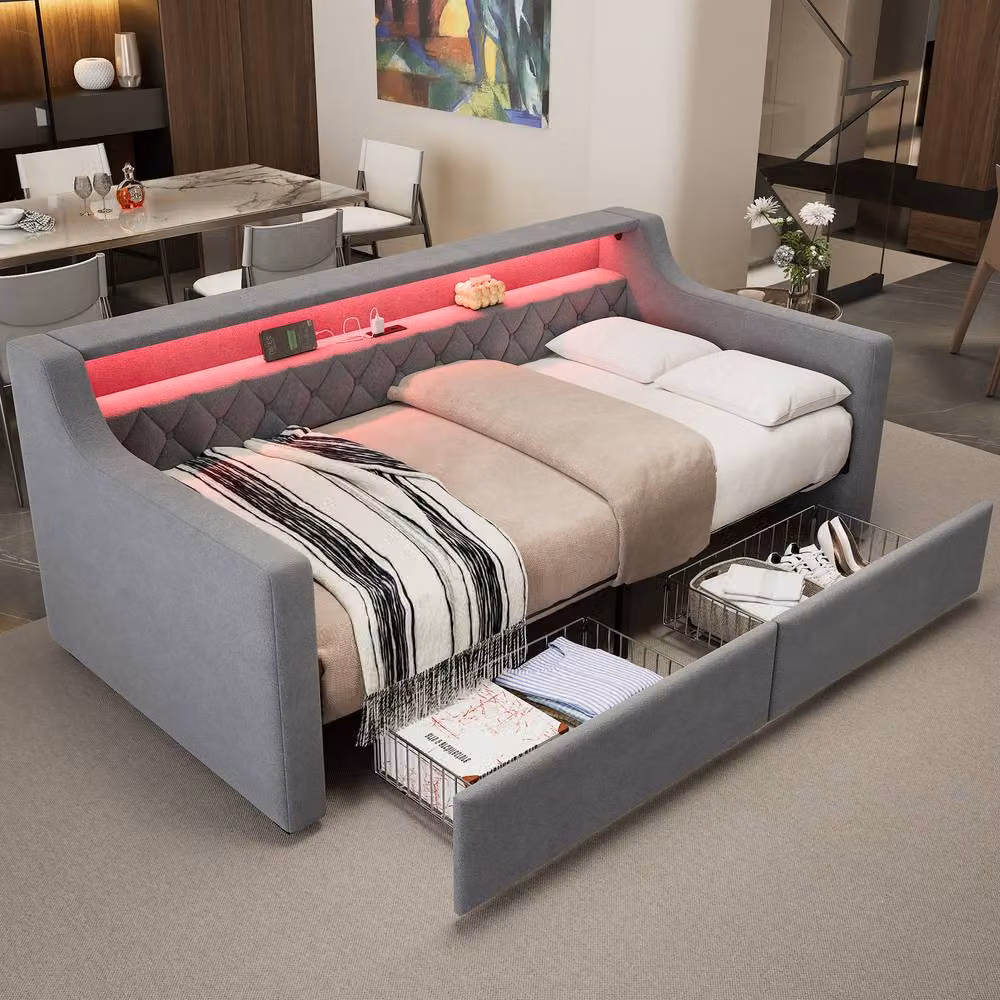 Merax Grey Velvet Single Daybed Sofa Bed with LED Lights, USB Ports and 2 Drawers, W/D/H: 190 x 90 x 74 cm – 2
