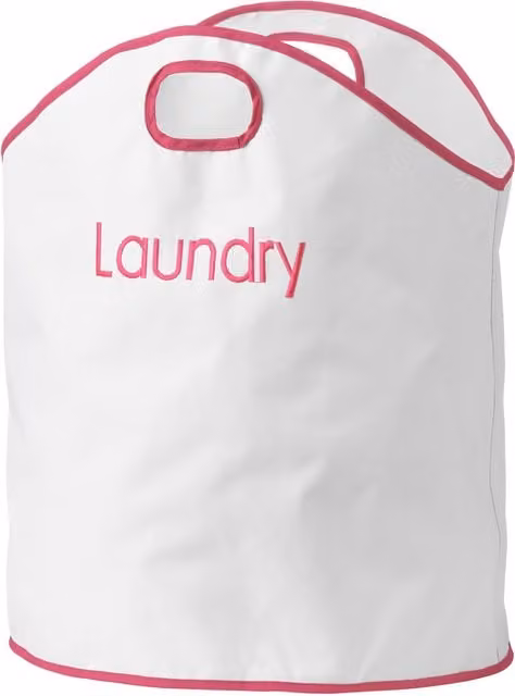 Orsina Pink Fabric Laundry Bag with Purple Trim, Collapsible Hamper with Handles and Drawstring Closure