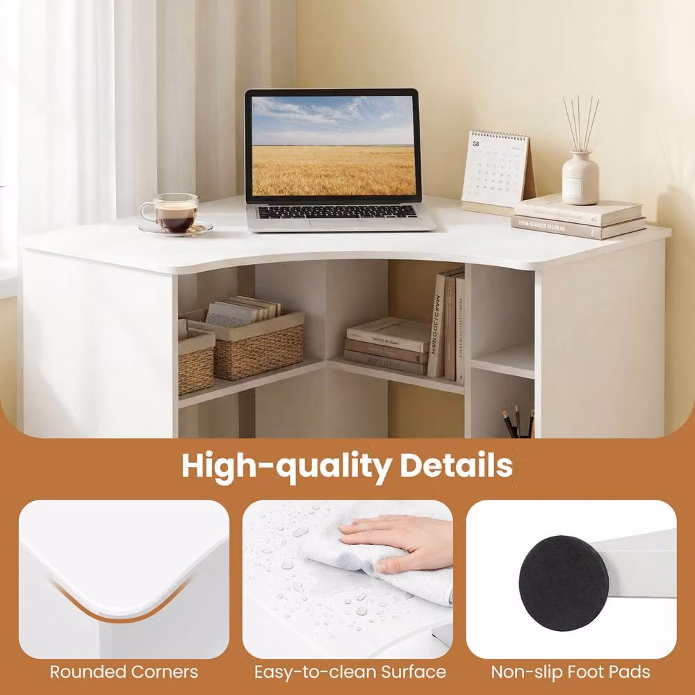 Gymax White Triangle Corner Computer Desk with Storage Shelves – 4
